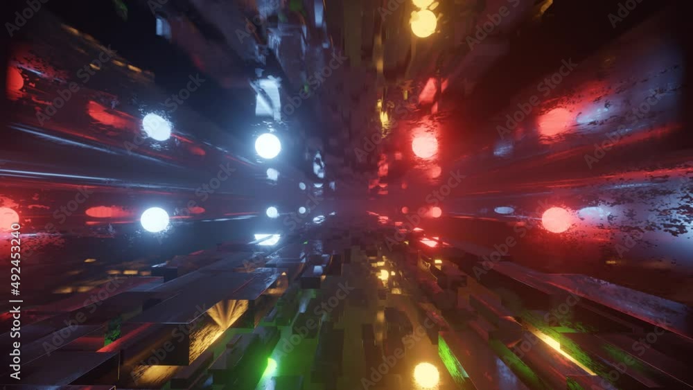 Aufkleber sci-fi constructions, mysterious 3d objects in fog. fly through technology cyberspace with neon glow