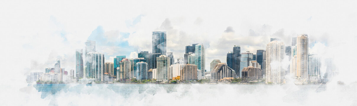 Watercolor painting illustration of Miami Downtown skyline in daytime with Biscayne Bay