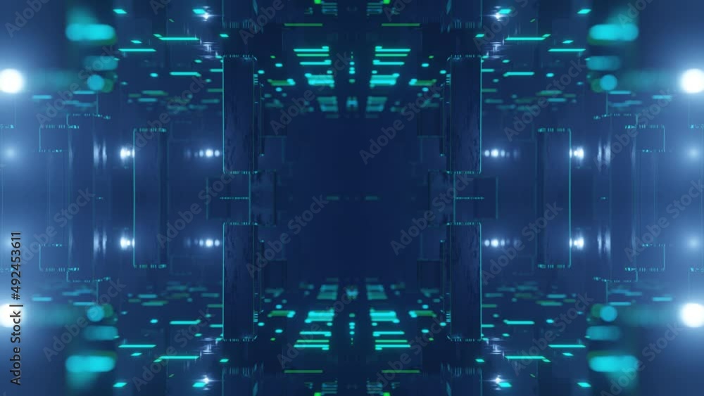 Poster fly through symmetrical technology cyberspace with neon glow. sci-fi flight through hi-tech technolo
