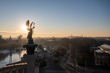Fototapeta premium Aerial view from Heroes Square in Budapest at sunrise
