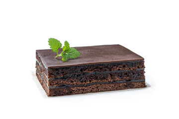 Delicious chocolate layered cake isolated on white