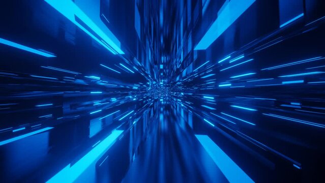 Fly through technology cyberspace with neon glow. Sci-fi flight through hi-tech technology tunnel. Hologram and neon light. metal blocks in the air. 3d looped seamless 4k bright background. Data flow