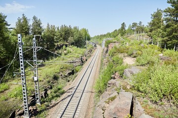 Railway tracks between rocks in summer time