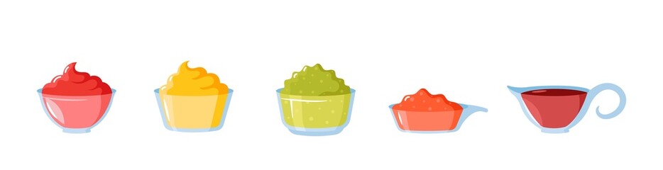 Set of Different Sauces. Chili, Ketchup, Soy, Wasabi, Mustard, Guacamole, Jalapeno Spicy Ingredients in Glass Dip Bowls