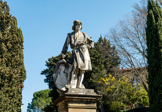 Marble statue of Italian sculptor Desiderio da Settignano erected in 1904 in Settignano, hamlet in the hillside northeast of Florence, metropolitan city of Florence, Tuscany region, Italy.