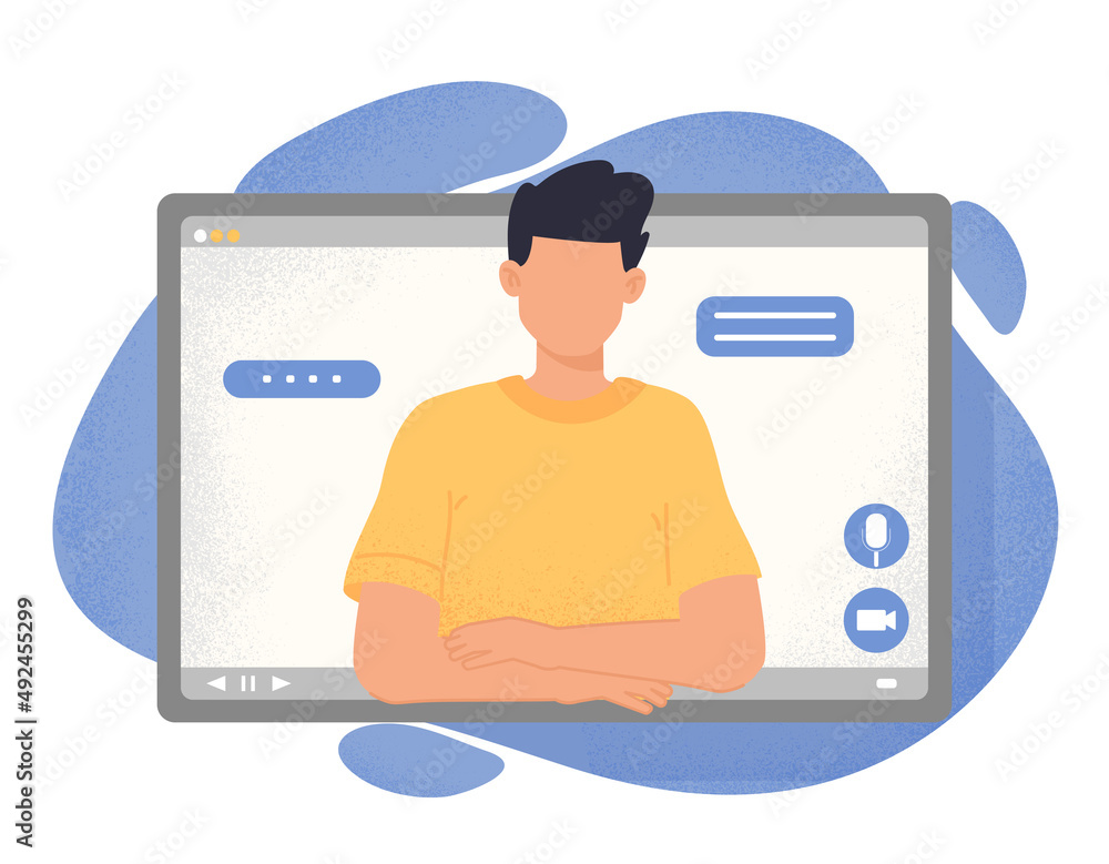 Poster video call interface. guy in window on browser, social networks and modern technologies. application