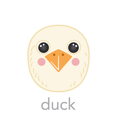 Duck Cute portrait with name text smile head cartoon round shape avatar bird animal face, isolated vector icon illustrations on white background. Flat simple for UI app kids poster, cards, t-shirts