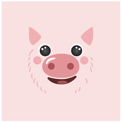 Cute pig portrait square smile head cartoon round shape pink avatar mascot animal face, isolated vector icon illustration. Flat simple hand drawn for kids poster, UI app, t-shirts, baby clothes