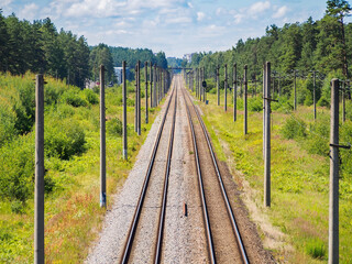 Above view to the two ways railway during the summer time. Daytime.