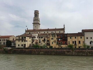 Verona, veneto, Italy. Trento. River Adige. Riverside and old terracotta buildings around