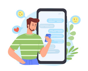 Modern communication concept. Man with smartphone in his hand chatting in social media, chats with friends. Messenger and dating app. Internet and modern technologies. Cartoon flat vector illustration