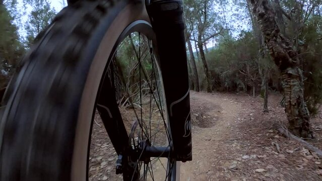 Riding an outdoor mountain bike on a rocky and sandy trail in a Mediterranean forest in Girona, Catalonia, front wheel point of view