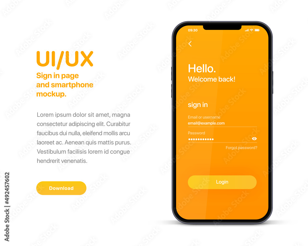 Aufkleber Sign in and login page template orange gradient background for app development with realistic smartphone mockups. Website ui elements, online login form, registration, user profile, access to account.