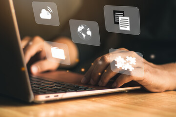 businessman using computer for connecting information worldwide , online connecting, globalization, social network comunication concept.