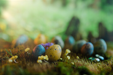 Easter colored eggs on green grass with blurred background