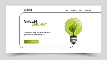 Landing page for renewable energy and biogas projects. Realistic green light bulb with leaf inside. Vector background in flat style. - obrazy, fototapety, plakaty
