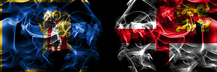 Kyiv, Kiev vs United Kingdom, Great Britain, British, Sark flag. Smoke flags placed side by side isolated on black background.