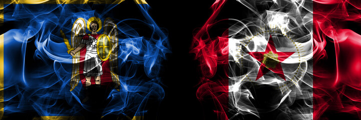 Kyiv, Kiev vs United States of America, America, US, USA, American, Birmingham, Alabama flag. Smoke...