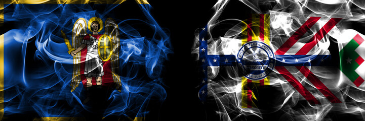 Kyiv, Kiev vs United States of America, America, US, USA, American, Tampa, Florida flag. Smoke flags placed side by side isolated on black background.