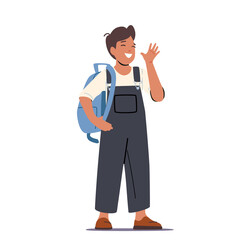 Schoolboy with Backpack Waving Hand and Rejoice Isolated on White Background. Happiness, Education, Childhood Concept
