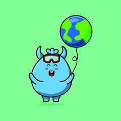 Cute cartoon goblin monster floating with goblin monster world balloon cartoon vector illustration in concept 3d cartoon style