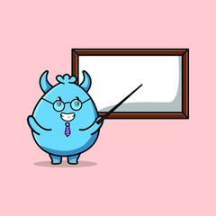 Cute cartoon goblin monster teacher character teaching with whiteboard in 3d cartoon style concept