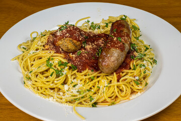 spaghetti top with  turkey meatball and sweet italian sausage