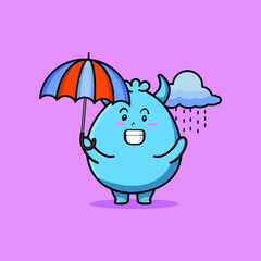 Cute cartoon goblin monster character in the rain and using an umbrella in 3d modern style design