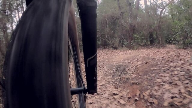 Riding an outdoor mountain bike on a rocky and sandy trail in a Mediterranean forest in Girona, Catalonia, front wheel point of view