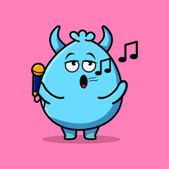 Cute cartoon goblin monster singer character holding mic in 3d modern style design
