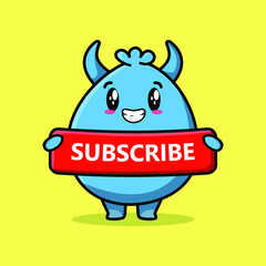 Cute cartoon goblin monster character holding red subscribe board