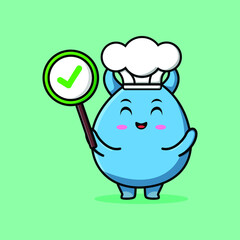 Cute cartoon goblin monster chef character holding correct sign in vector fruit character illustration