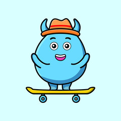 cute cartoon goblin monster standing on skateboard with cartoon vector illustration style