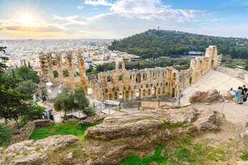 View of the Odeon of Herodes Atticus at dusk from Acropolis Hill, with Philopappos Hill and...