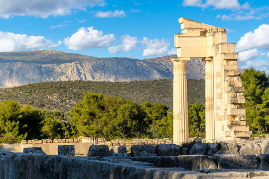 The ancient ruins of the gymnasion or gymnasium at the sacred city, sanctuary and healing center of Epidaurus on the Saronic Gulf of Greece.
