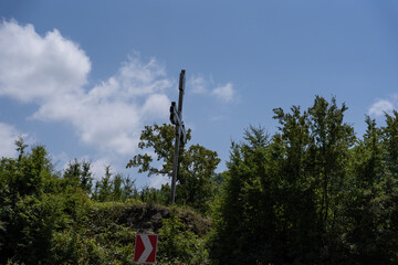 a green forest with a light blue sky and a large metal cross in the forest