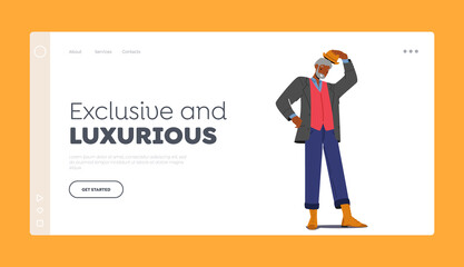 Exclusive and Luxurious Seniors Landing Page Template. African Man Wear Hipster Clothes and Hat, Fashionable Character