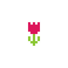 Rose icon. Pixel art. Logo of the flower shop. Element for the design of the greeting card International Women's Day, Mother's Day. Sticker design. Isolated vector illustration.