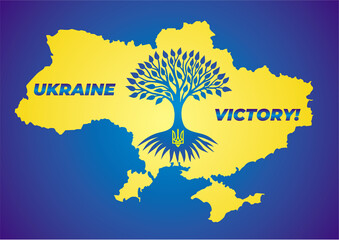 Map of Ukraine in yellow on a blue background. Colors of the Ukrainian flag