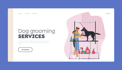 Grooming Service for Animals Landing Page Template. Hairdresser Female Character Cut Dogs Talons with Clippers in Salon
