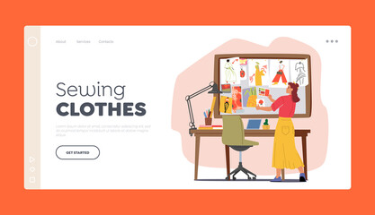 Sewing Clothes Landing Page Template. Apparel Designer Female Character Choose Color Palette for Collection of Garment