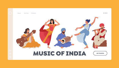 Music of India Landing Page Template. Indian Artists, Musicians and Dancers in Colorful Dresses Play on Instruments
