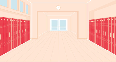 School Hallway Interior With Entrance Doors, Lockers and Clock Hang on Wall. Empty Corridor in College With Closed Doors