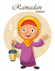 Ramadan Kareem. Cartoon Muslim girl