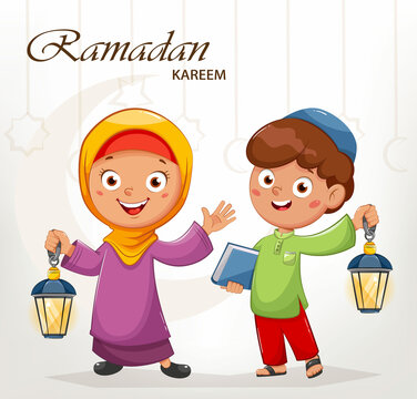 Ramadan Kareem. Cartoon Muslim boy and girl