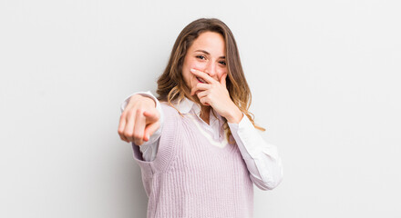 pretty woman laughing at you, pointing to camera and making fun of or mocking you