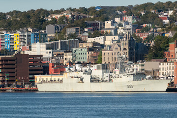 St. John's, Newfoundland, Canada-March 2022: The HMSC Canadian Toronto frigate warship docked in...