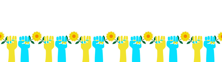Ukrainian raised fists holding Sunflower, united population in resistance, support Ukraine concept, banner heading on white