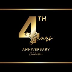 4 years anniversary celebration. Anniversary logo with golden color isolated on black background, vector design for celebration, invitation card, greeting card, and banner