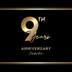 9 years anniversary celebration. Anniversary logo with golden color isolated on black background, vector design for celebration, invitation card, greeting card, and banner